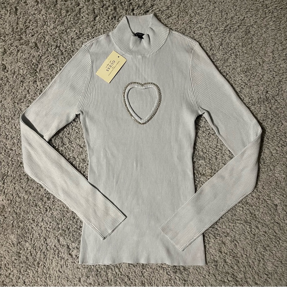 Guess Silver Ribbed Top with Heart Accent